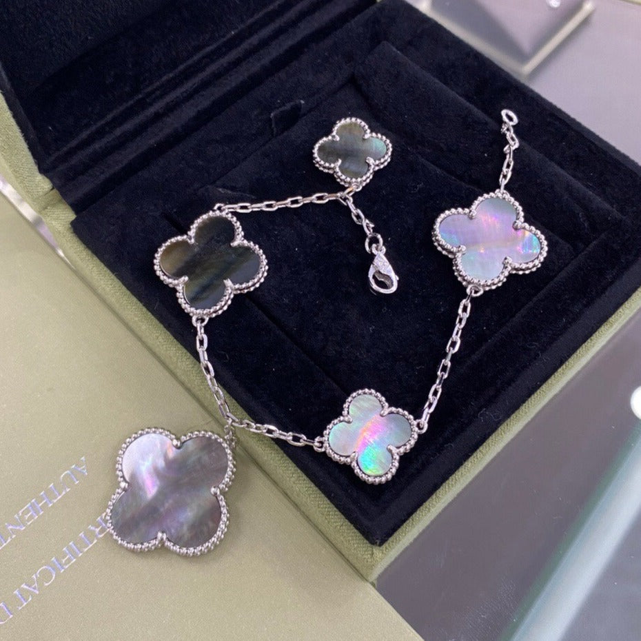 „Dream“-Armband aus 5 Kleeblättern, Silber, dunkles Perlmutt