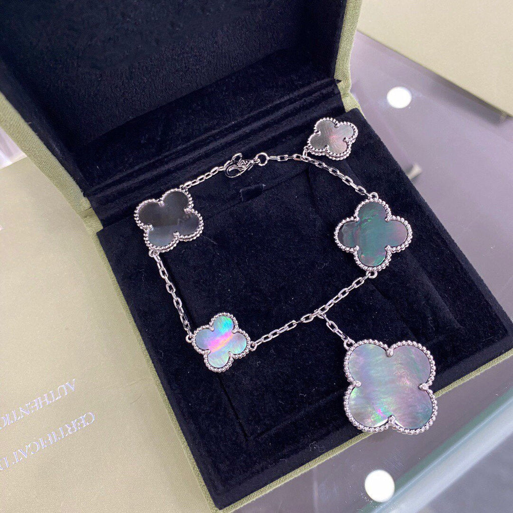 „Dream“-Armband aus 5 Kleeblättern, Silber, dunkles Perlmutt