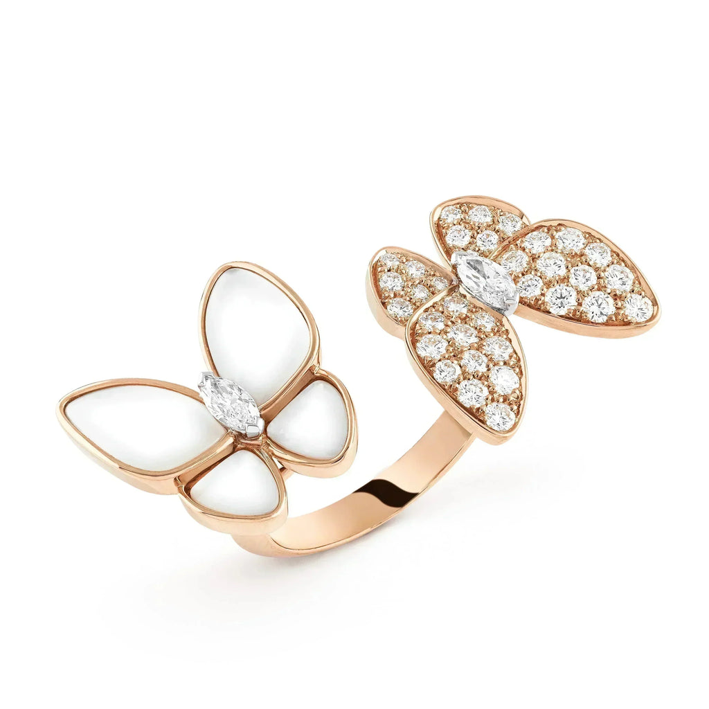„Dream“-Ring mit Zwillingsschmetterling, Diamanten und Perlmutt